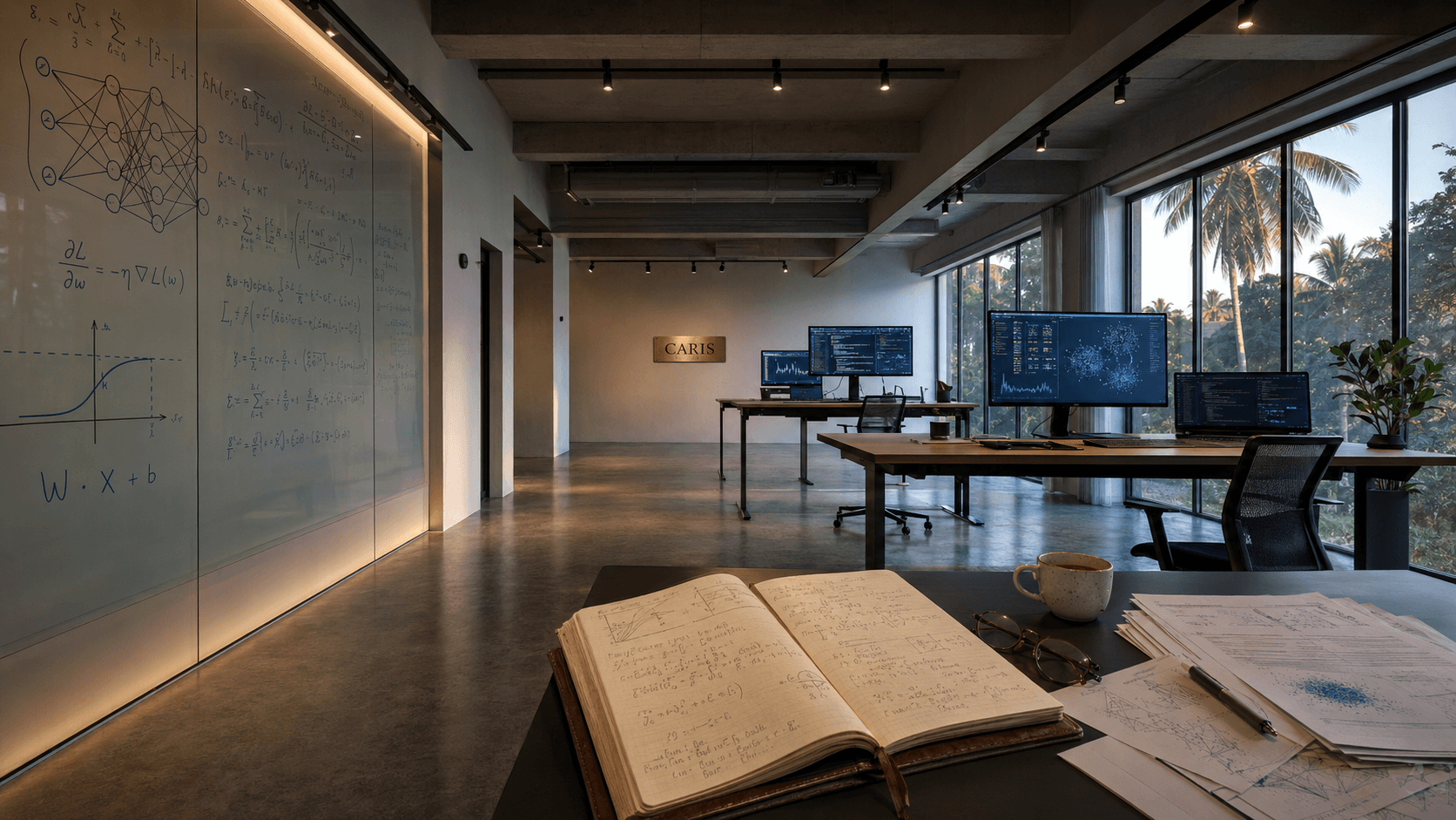The CARIS research lab — an empty room with a glass whiteboard covered in mathematical equations, monitors with code and data visualizations, and an open notebook in the foreground