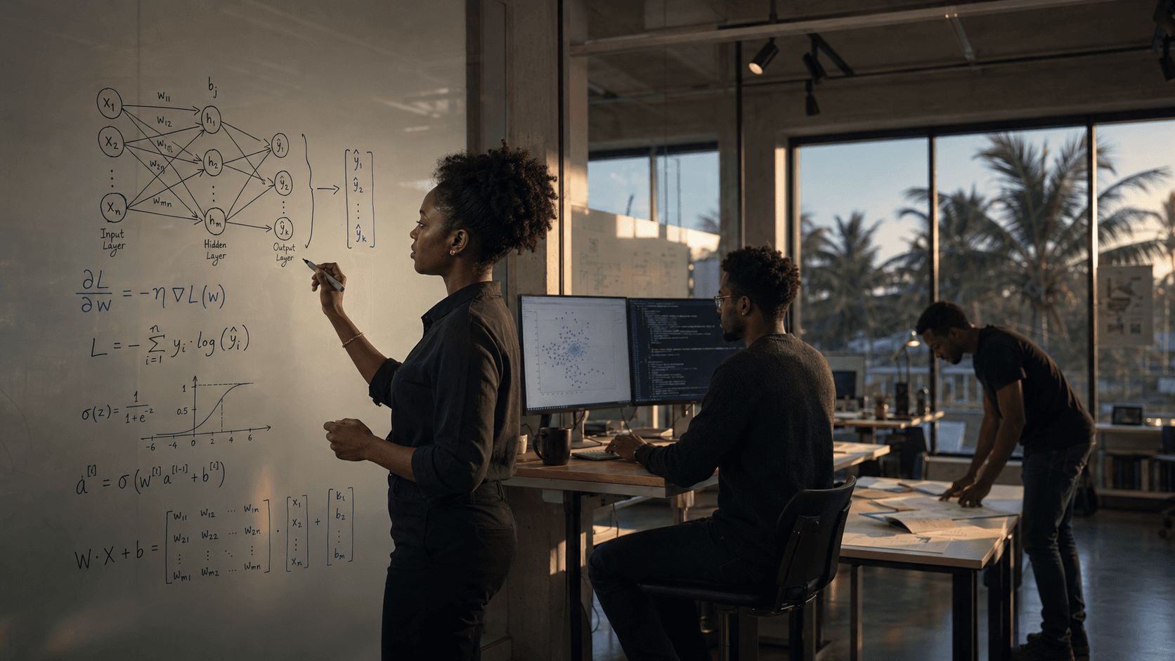 Researchers at the CARIS lab — a whiteboard covered in neural network diagrams and gradient descent equations, two researchers working at monitors with data visualizations and code, a third examining printed papers.